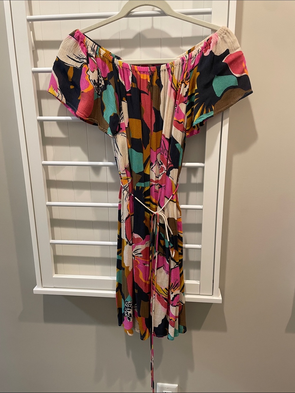 Billabong Multicolor Off-Shoulder Mini Dress in Pink, Teal & Black
